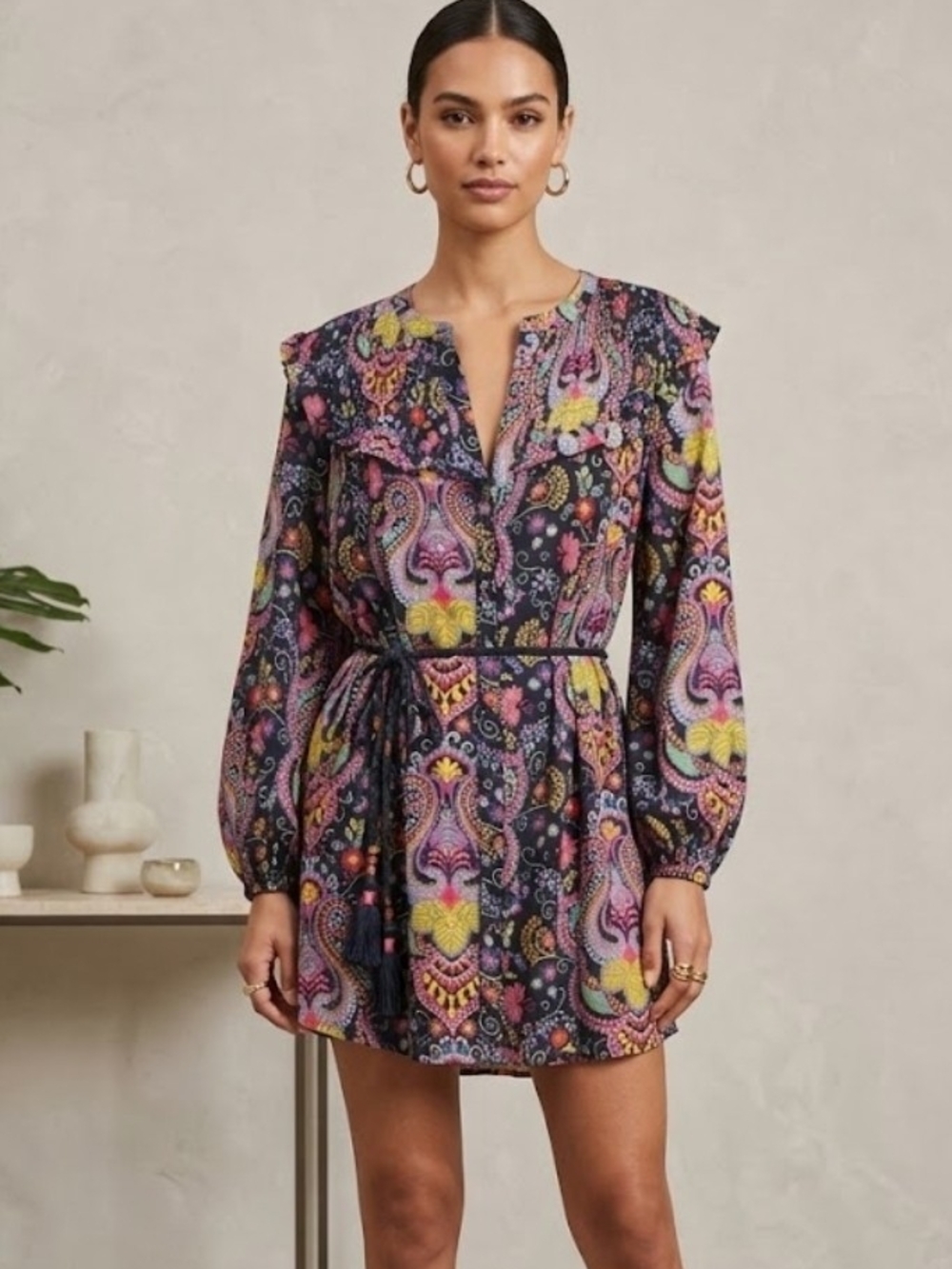 Anthropologie Black Paisley Tie-Waist Long-Sleeve Mini Dress